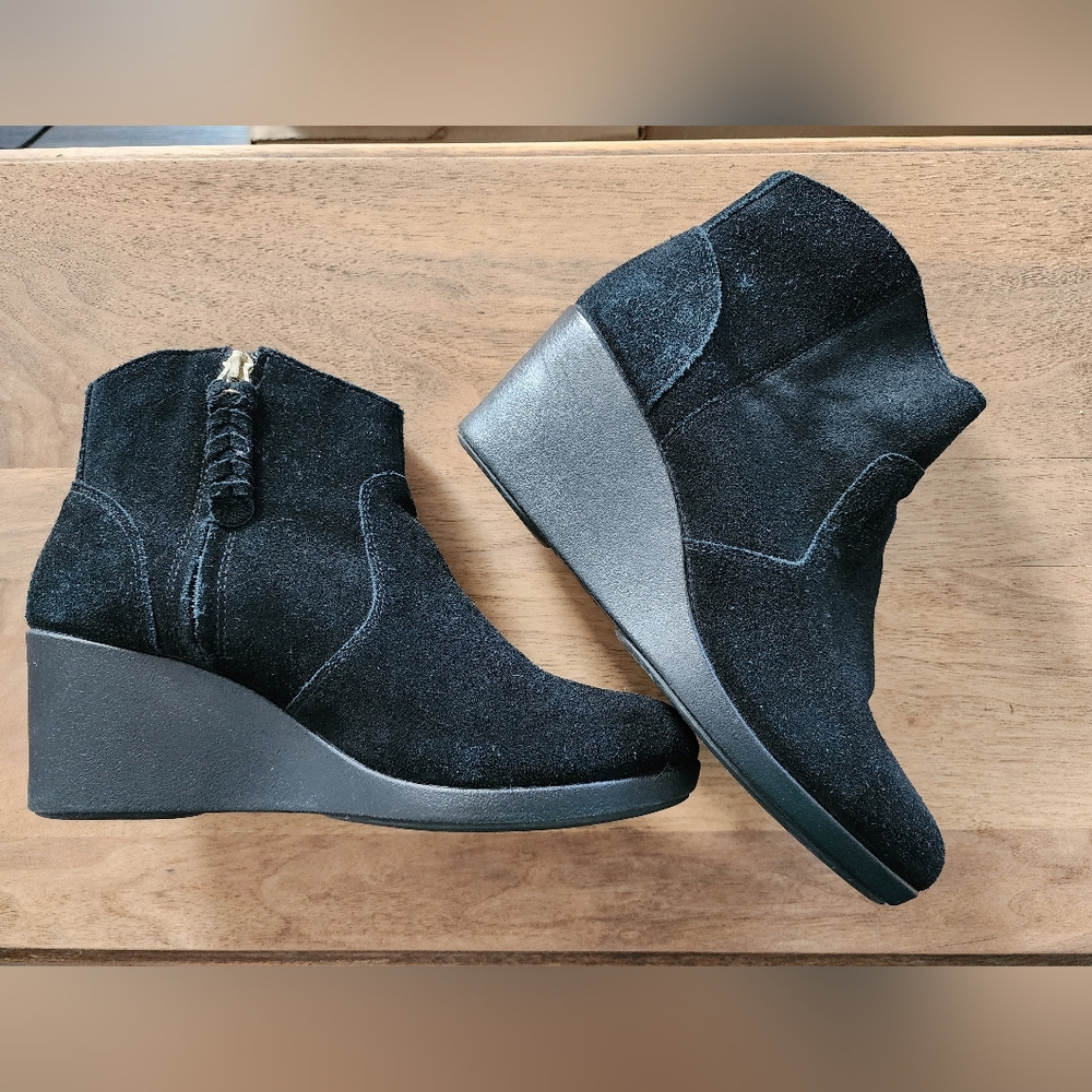 Crocs Black Suede Leigh Wedge Boots